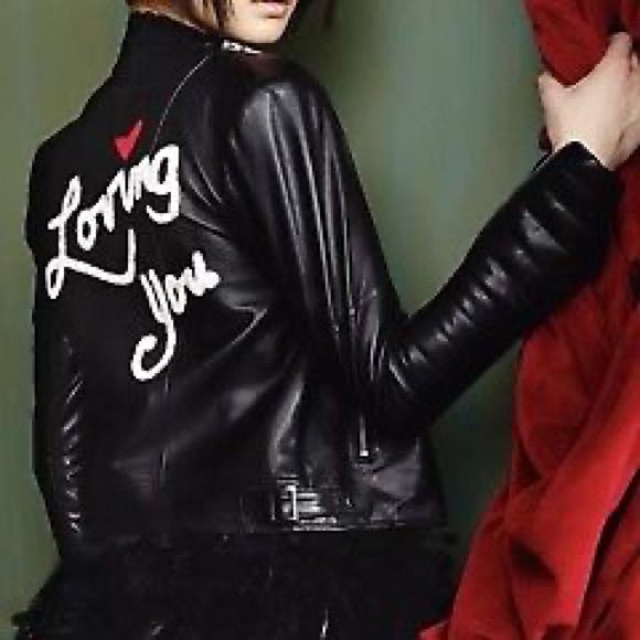 Alice + Olivia “Gamma" Embroidered Lambskin Leather Biker Jacket "Loving You" - Picture 6 of 14